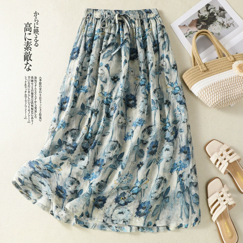 Хорошая ткань — новая летняя модель юбки из рами с принтом, свежий литературный стиль, универсальная юбка 2025 года, летняя французская цветочная длинная юбка