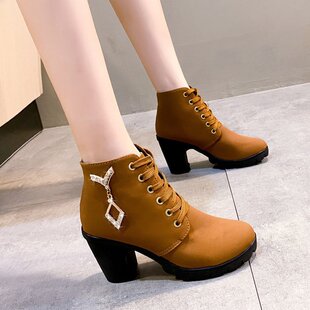 Foreign trade plus size women's boots 2022 autumn and winter New High heel single-layer boots thick heel round toe lace-up ankle boots Knight boots