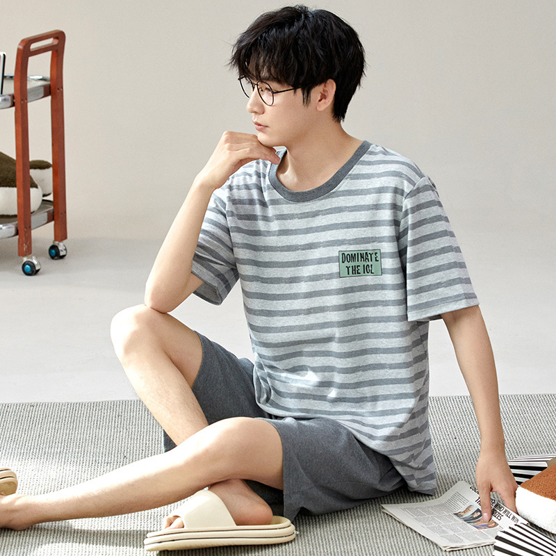 100% Cotton Pajamas Men's Short-sleeved Summer Thin Youth Casual Loose Cotton Exterior Home Clothes suit