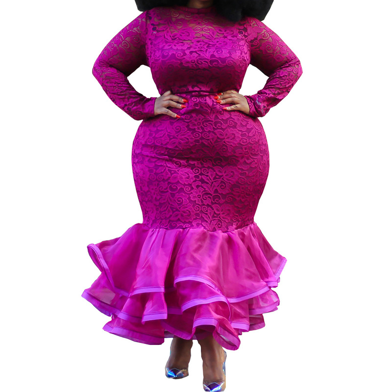 European and American fashion women's see-through Sexy Slim lace dress evening dress Party party dress long skirt fishtail skirt