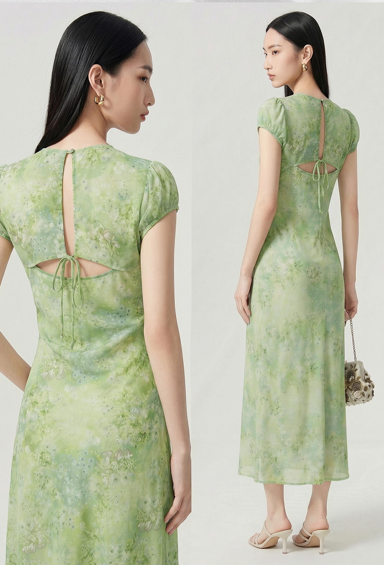 Đầm suông midi họa tiết hoa Monet khoét lưng — màu hồng chi tiết 2