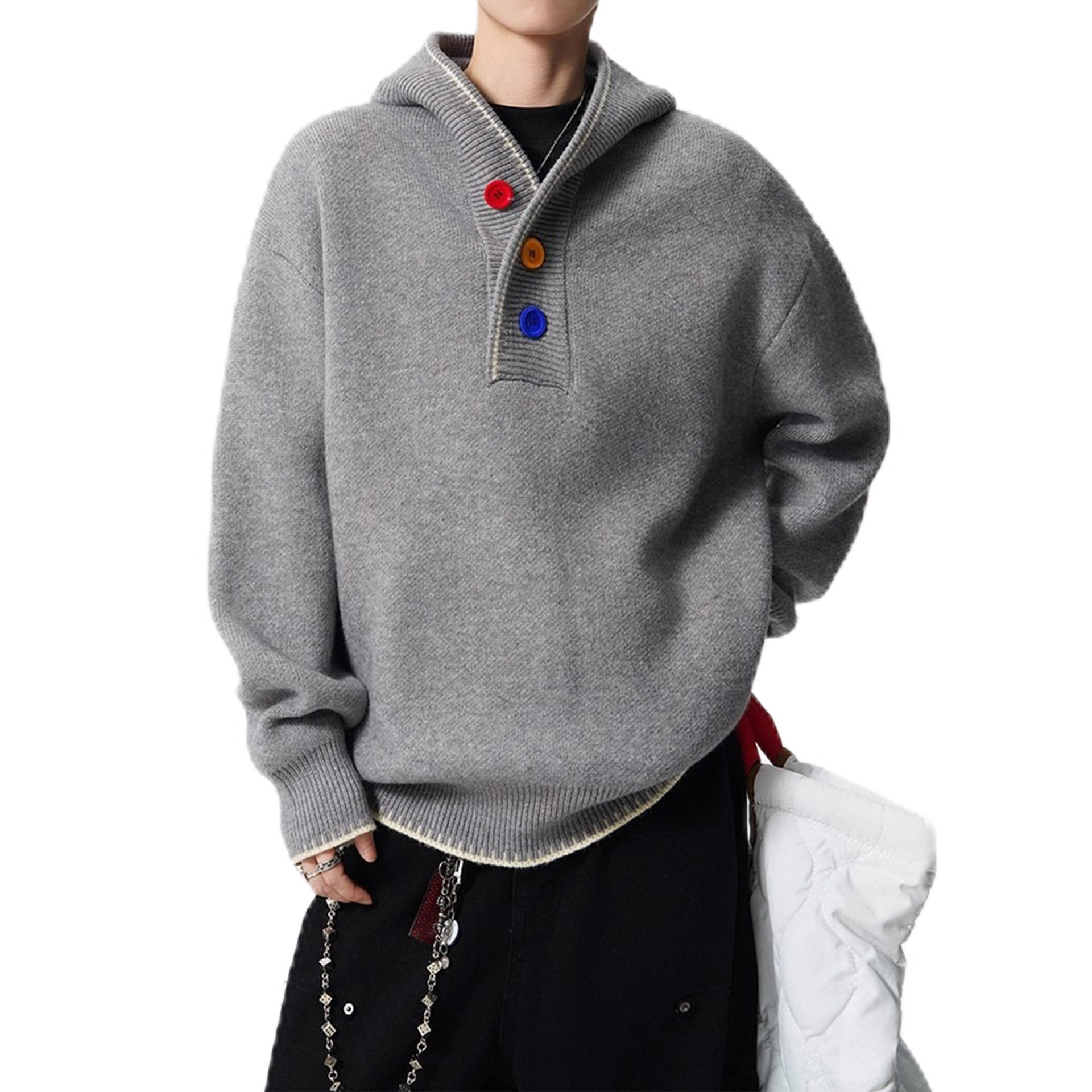 Explosiones transfronterizas europeas de tamaño grande encapuchado tricolor botones de color jersey suéter hombre Henry fábrica de marea al por mayor