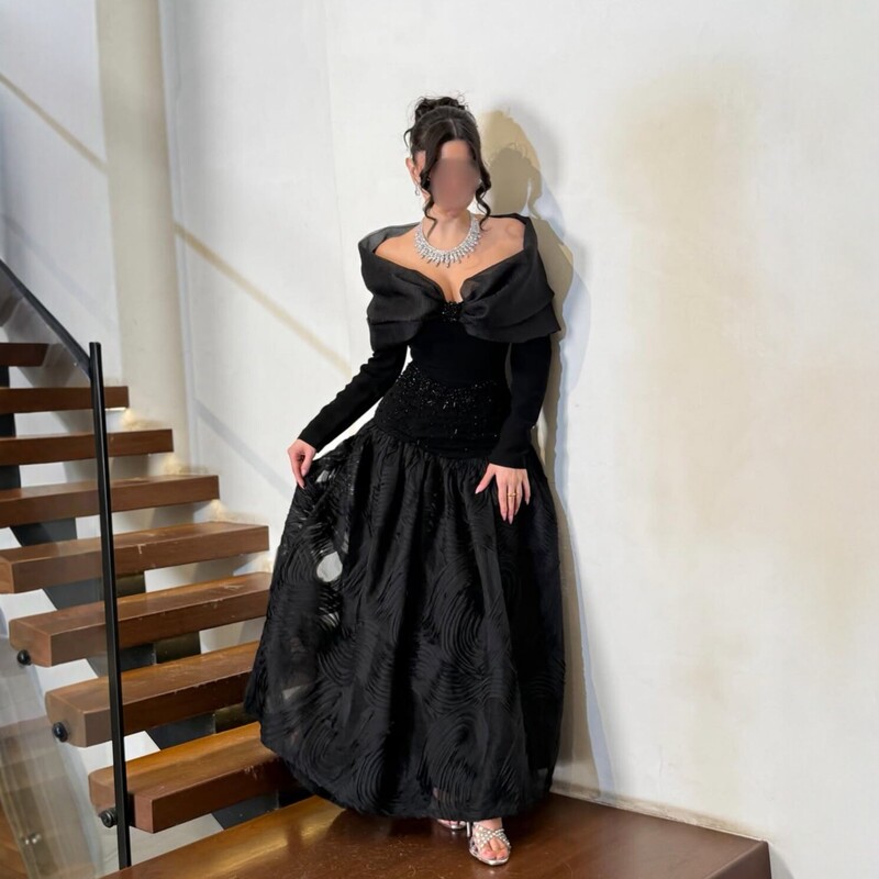 2026 New Cross-Border European and American Independent Station Black Mesh Jacquard Patchwork Long-Sleeve Slim Evening Dress 2026 New Cross-Border European and American Independent Station Black Mesh Jacquard Patchwork Long-Sleeve Slim Evening Dress