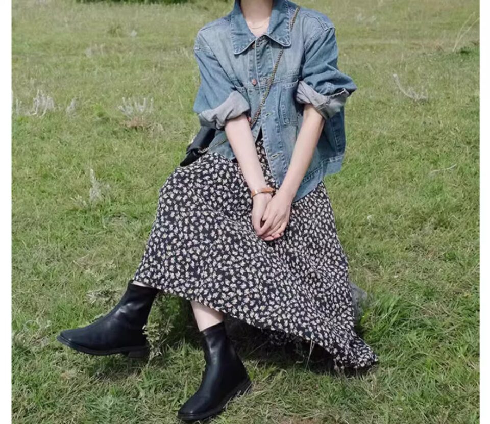 Áo khoác denim ngắn dáng rộng cổ polo cho nữ, dài tay, phong cách giản dị — Áo khoác bò dài tay, Màu nâu (trà nâu), màu xanh chi tiết 18