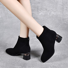 女靴2023秋冬新款黑色羊皮欧美风简约气质时装靴后拉链高跟靴棉靴