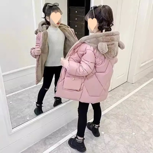 Girls 'winter clothes New style velvet cotton coat, down cotton coat, mid-long coat, winter western-style children's cotton clothes