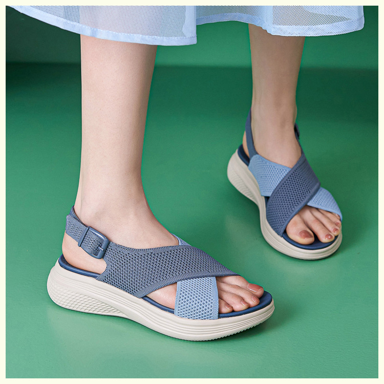 Sandal nữ quai chéo dệt kim phối dây rút, đế MD nhẹ êm — màu be, màu đen, xanh lam, màu hồng chi tiết 8