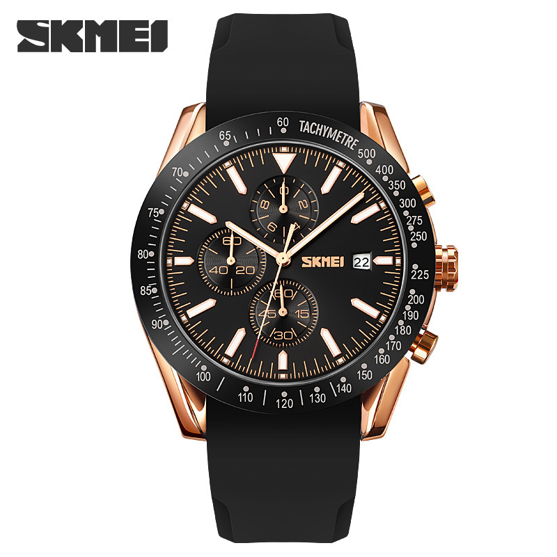 SKMEI 9253 nueva cinta de acero de seis pines calendario luminoso movimiento de cuarzo cronómetro reloj cronógrafo