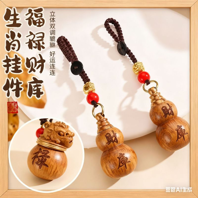 Popular Dropshipping Three-Dimensional Pixiu Peach Wood Gourd Fortune Treasure Zodiac Pendant, Fortune and Wealth Keychain Ornament