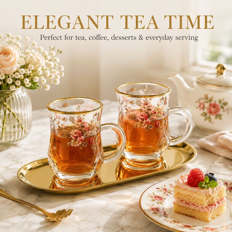 Vintage floral gold-rimmed glass water cup two-piece set with gold oval tray, European-style printed tea cup with handle and tray