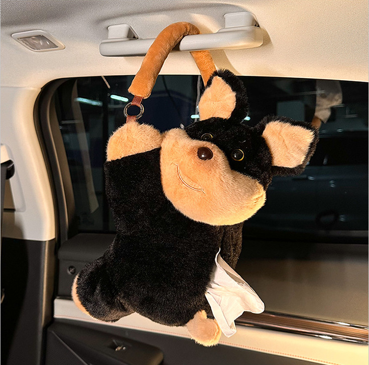 Automóvil encantador gato perro caja de toallas de dibujos animados muñeca coche colgante caja de extracción muñeca de peluche bolsa de toallas de papel
