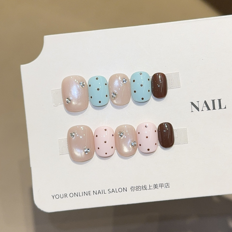 Qianfan [Pink Blue Bean] Ins-style Sweet Cool Cat Eye Short Wearable Nails, Handmade Nail Art Patches, False Nails