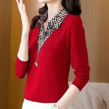 新款洋气T恤女士假两件上衣长袖妈妈秋装高档体恤小衫大码打底衫