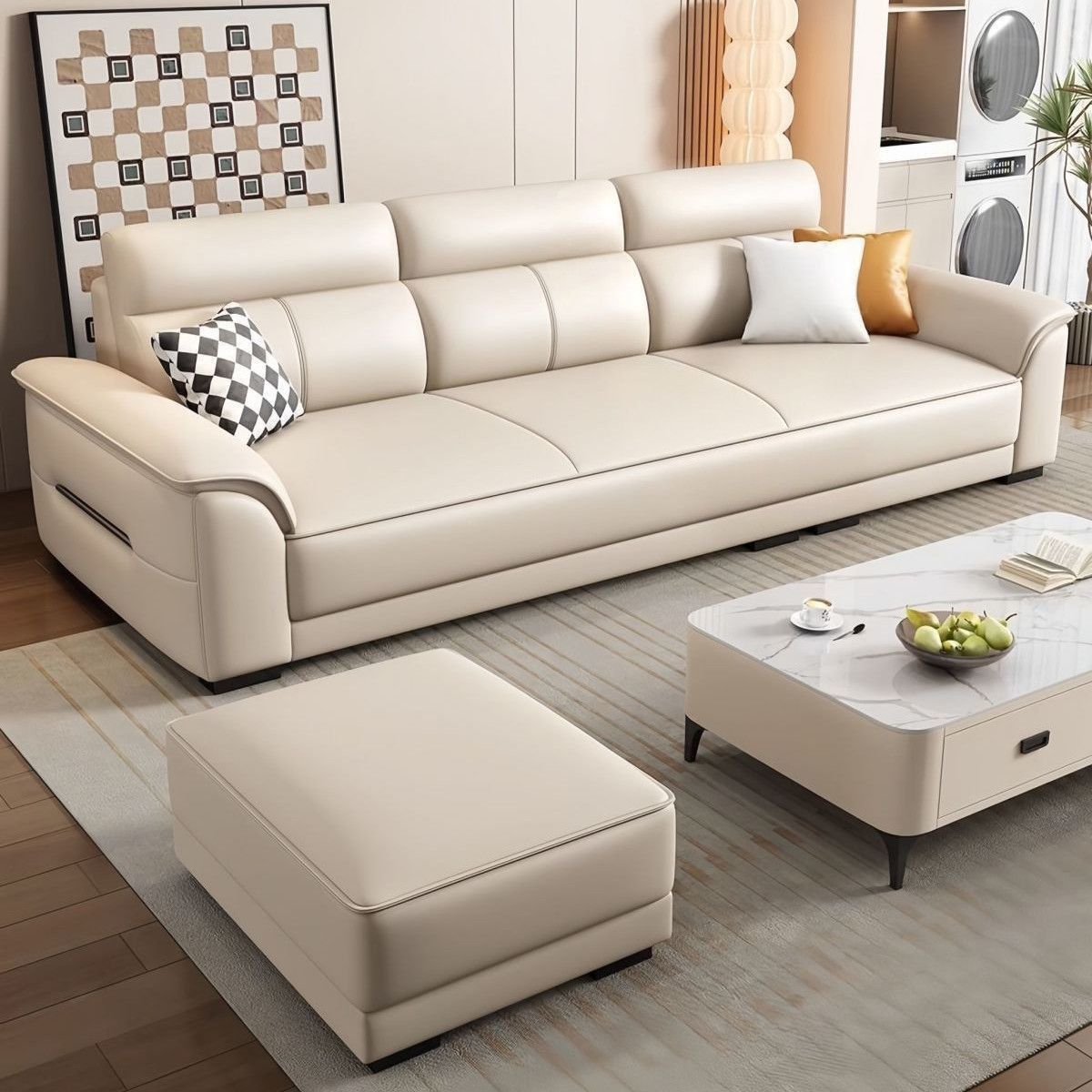 Nordic Small Apartment 2025 New Model Genuine Leather Sofa for Living Room, Three-Seater Straight Row Cat Scratch-Resistant Chaise Longue with Footrest Set