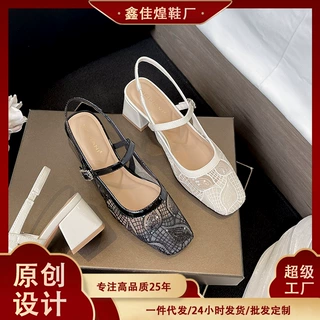 333-27透气网纱包头凉鞋女外方头休闲百搭玛丽珍鞋后空单鞋高跟鞋