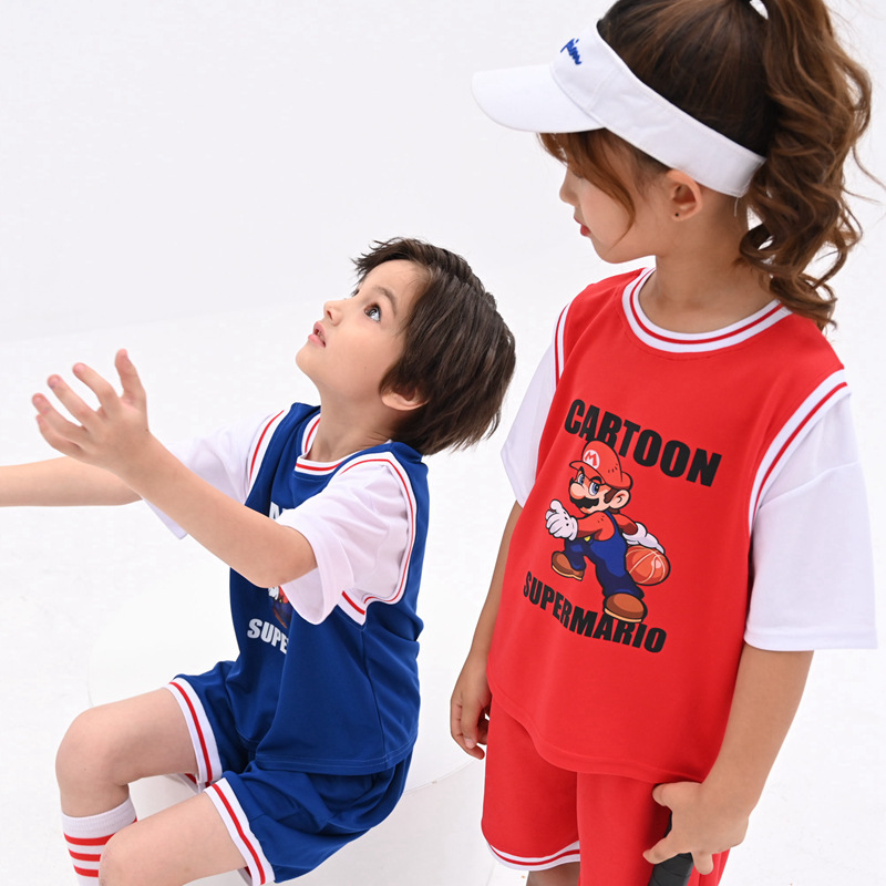 Boys and Girls Summer Children's Day Performance Cartoon Suit Kidsren's Short-Sleeved Sportswear New Trendy Cool Basketball Uniform Two-Piece Set