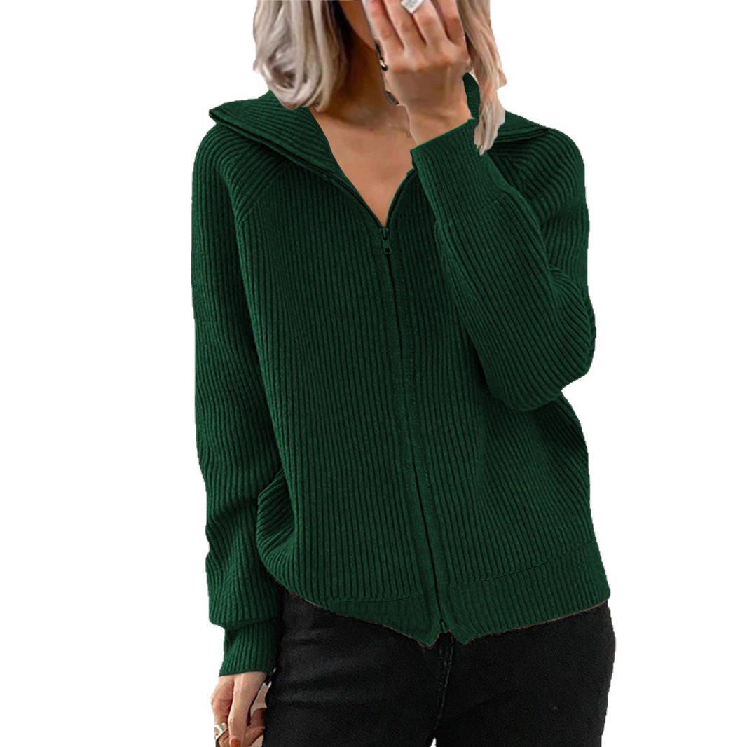 Otoño e invierno transfronterizo europeo y americano Nuevo abrigo casual a rayas suéter suelto cremallera cardigan manga larga suéter de solapa para mujer image 7