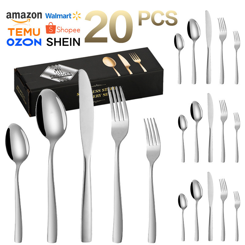 Vajilla de acero inoxidable con cuerpo desnudo de mango cuadrado TEMU transfronterizo para banquetes de boda hotel bistec cuchillo y tenedor comida occidental cuchillo, tenedor y cuchara juego de 20 piezas