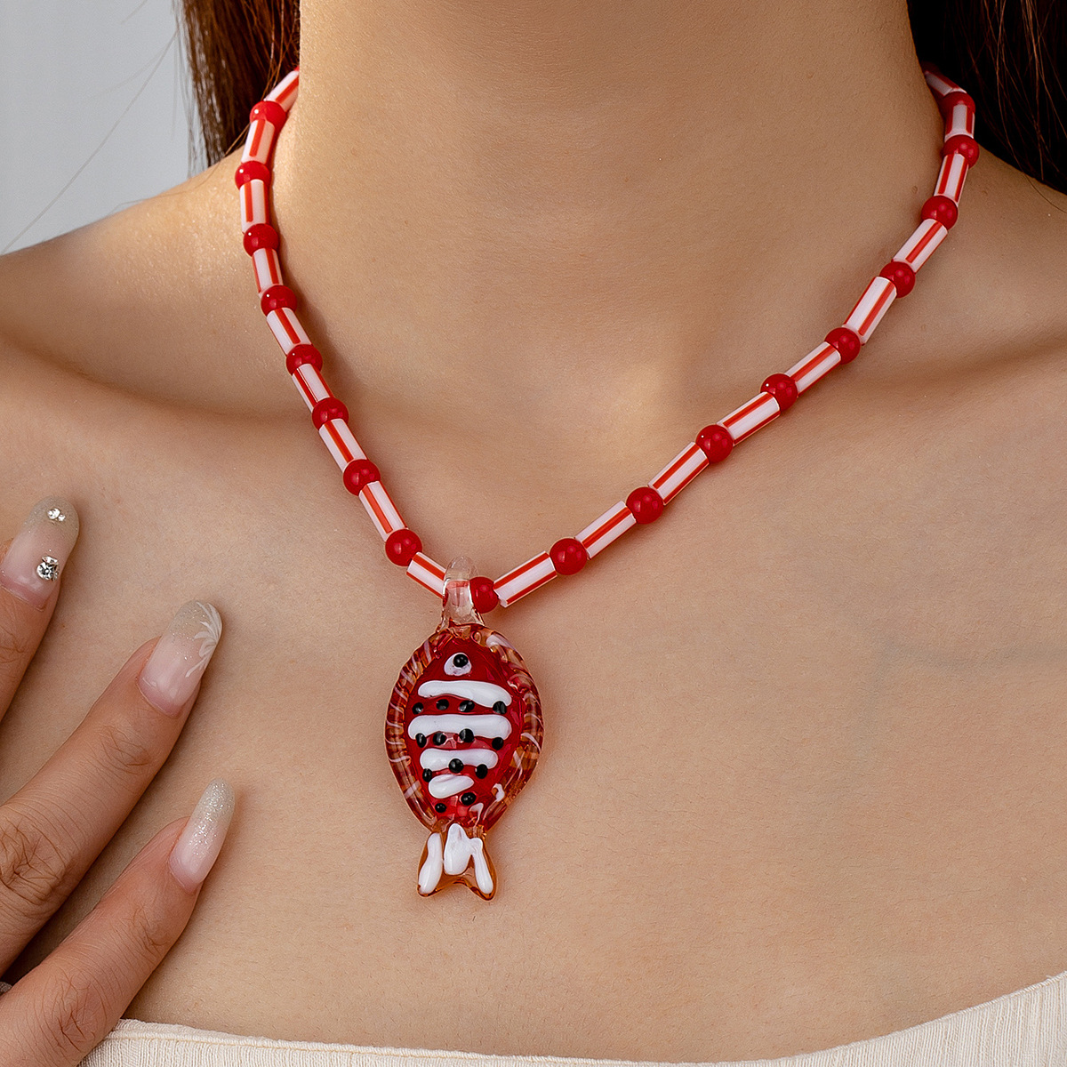 25g Weight Lobster Trigger Clasp Closure Clasp Closure Type Glass Pendant Material Pendant Necklace Classification Cute Marine Style Fish Glass Beaded Chain Lobster Trigger Clasp Closure Beaded Necklaces Wholesale