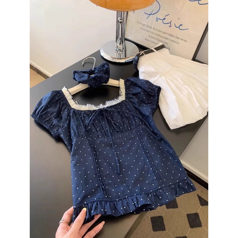 Original Quality Navy Blue Square Collar Spliced Lace Shirt for Women Summer New Short-Sleeved Retro Polka Dot Shirt for Women