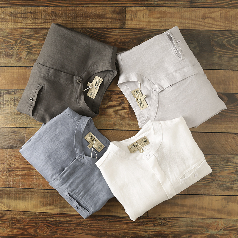 Export Single Line 499+ Linen Summer Foreign Trade Men's Japanese Style Shirts Casual Breathable Shirts Wholesale