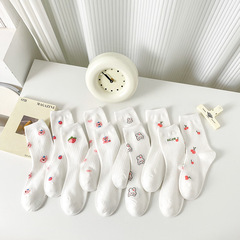 白色襪子女中筒襪棉日系可愛春秋款女生卡通櫻桃春夏季百搭棉襪