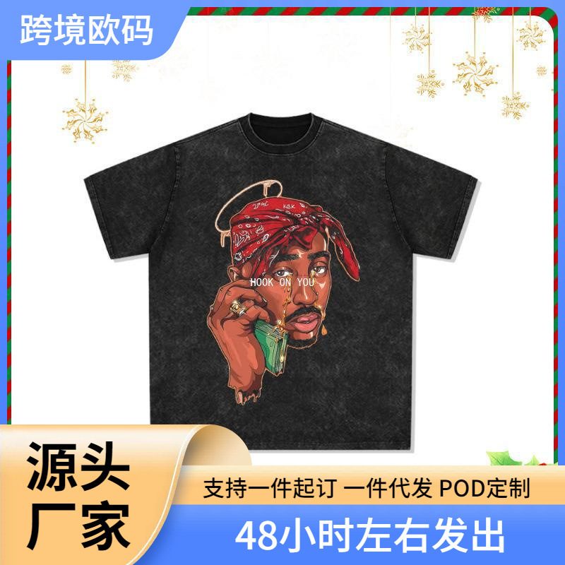 European and American Retro American Hip Hop TUPAC Printed Short-sleeved T-shirt Washed Loose Round Neck