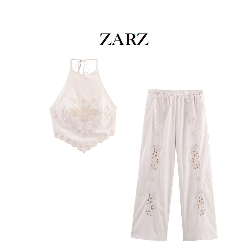Zarz Homemade European and American Style New Women's Clothing Western Style Embroidered Poplin Tops Embroidered Pajamas Style Pants