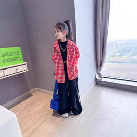 女童红色格纹衬衫春装2026新款儿童装长袖衬衣中大童洋气开衫外套