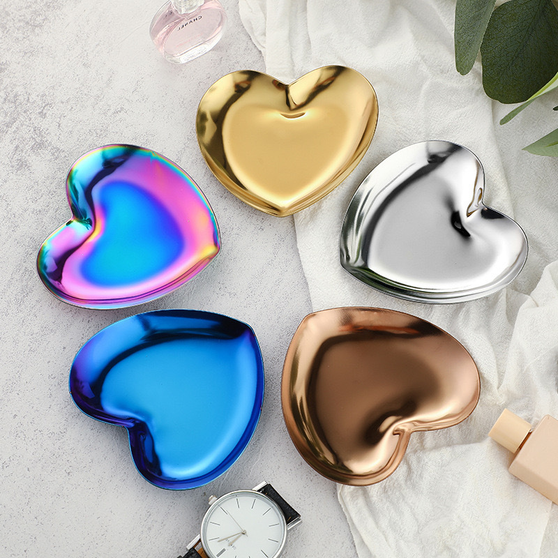Cute Plate Heart-shaped Desktop Pendulum Household High-end Sense Stainless Steel Plate Ring Storage Jewelry Tray