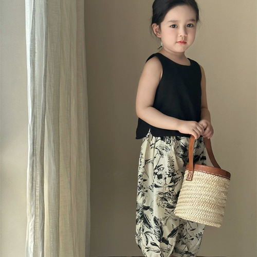 2024 new summer children's clothing Korean style children's clothing girls solid color sleeveless top + printed anti-mosquito pants children's suit