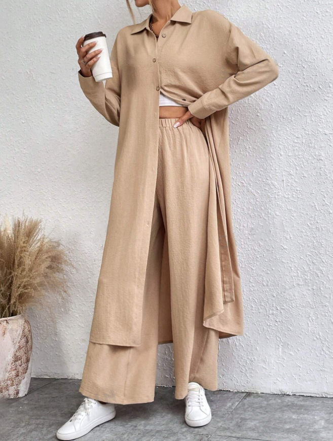 GraceChic Südostasien Frühling und Herbst Große Größen Lockeres langes Hemd Weite Hose Modischer Sportanzug Zweiteiler Großhandel_voghion.com