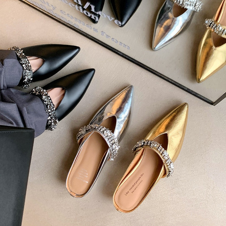 Women's Inner Height-Increasing Mule Slippers with Rhinestones, Mid-Heeled Shoes, Summer New Style, Genuine Leather Pointed Toe Toe Sandals for Women