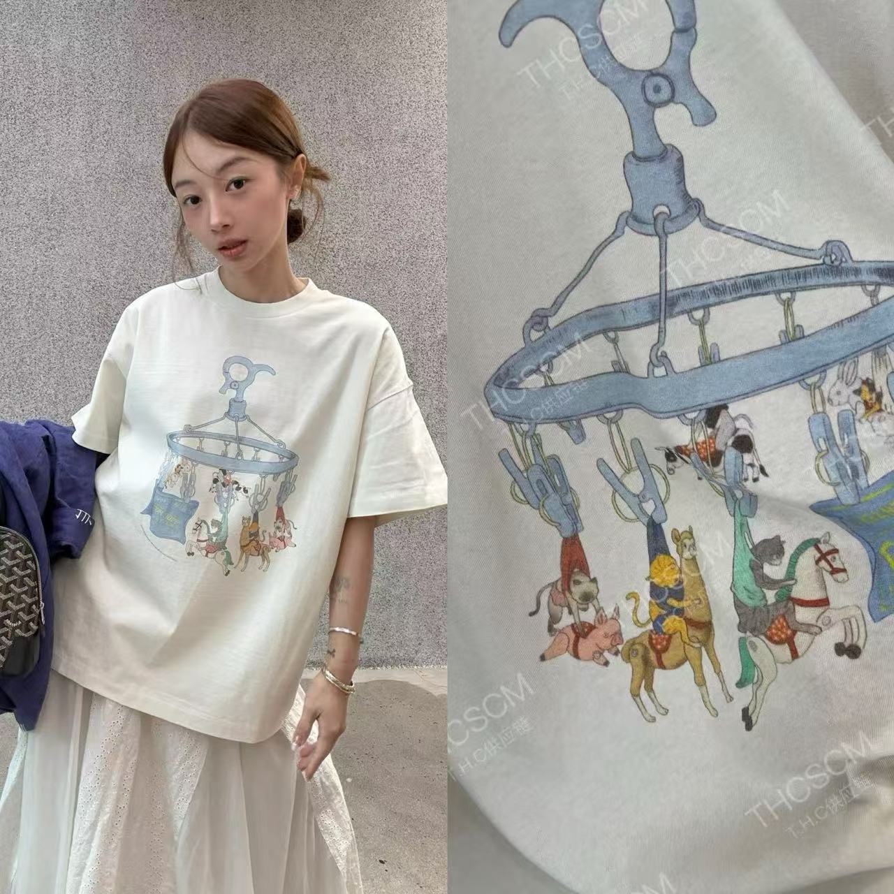 26 Early Spring New Model Ep Skin-Feel Linen Cotton Air Enzyme Wash Carousel Illustration Loose Round Neck Short-Sleeve T-Shirt