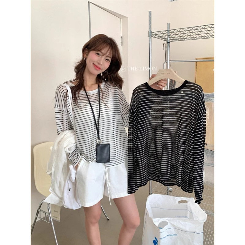 The Lemon2025 Summer Korean Style Casual Stripesd Round Neck Long-Sleeved Knitwear Women's Loose Slimming Look Sun Protection Top The Lemon2025 Summer Korean Style Casual Stripesd Round Neck Long-Sleeved Knitwear Women's Loose Slimming Look Sun Protection Top