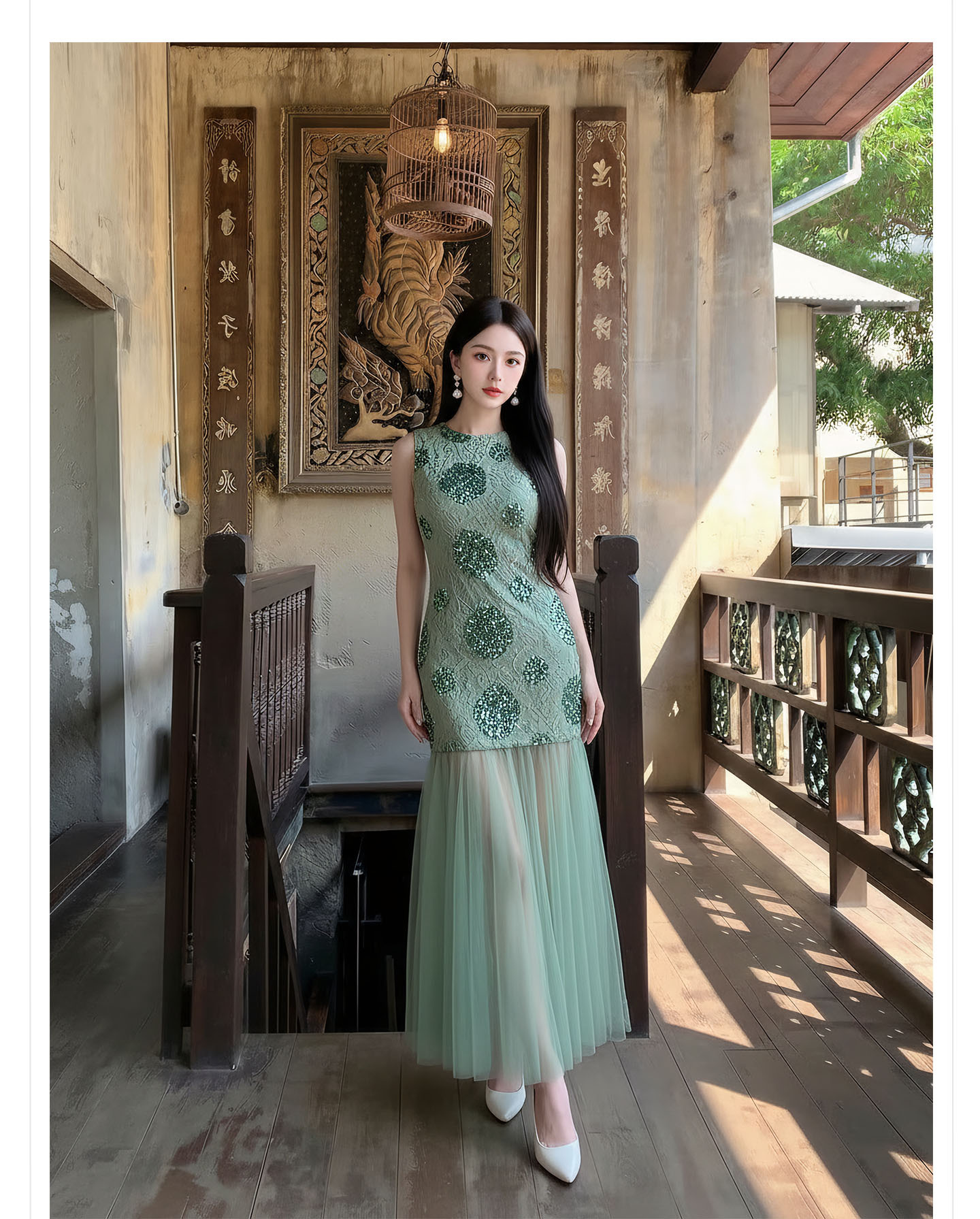 Đầm maxi nữ thắt eo họa tiết hoa nhí tay không cổ tròn — Xanh lá cây nhạtcolor chi tiết 11
