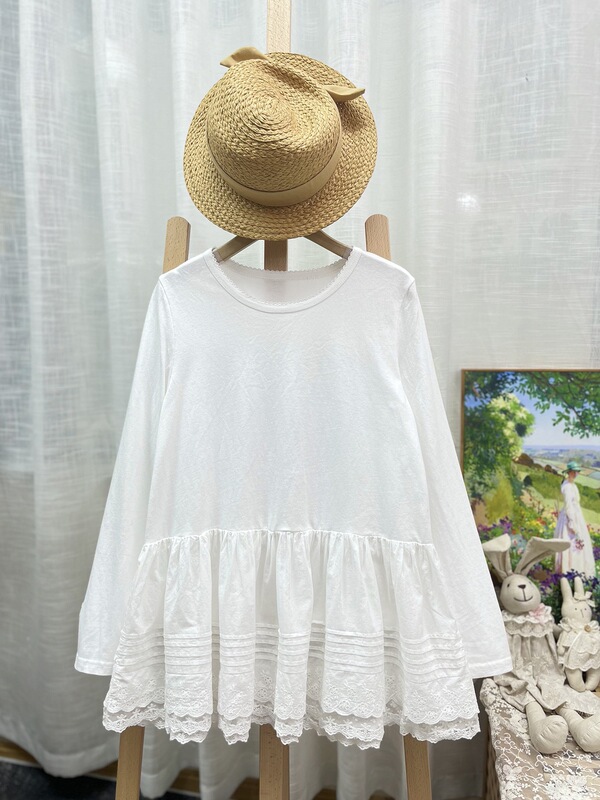 25 Autumn New Product: Forest-style Fresh and Delicate Pleated Lace Hem Long-sleeve T-shirt, Cotton Babydoll Top for Women 25 Autumn New Product: Forest-style Fresh and Delicate Pleated Lace Hem Long-sleeve T-shirt, Cotton Babydoll Top for Women