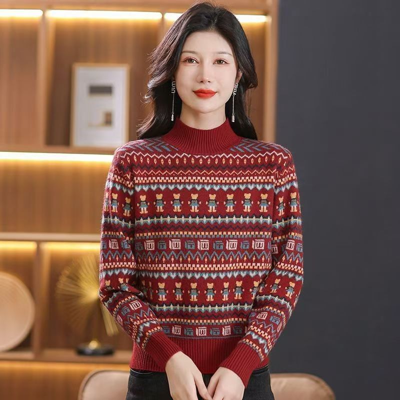 Maglione a collo alto, top caldo da donna autunno inverno, largo e corto, fondo lavorato a maglia, strato interno jacquard alla moda_voghion.com