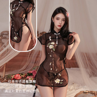 Sexy Underwear Sexy Uniform Hot Perspective Classical Vertical Collar Cheongsam Retro Embroidered Split Pure Attraction Nightdress