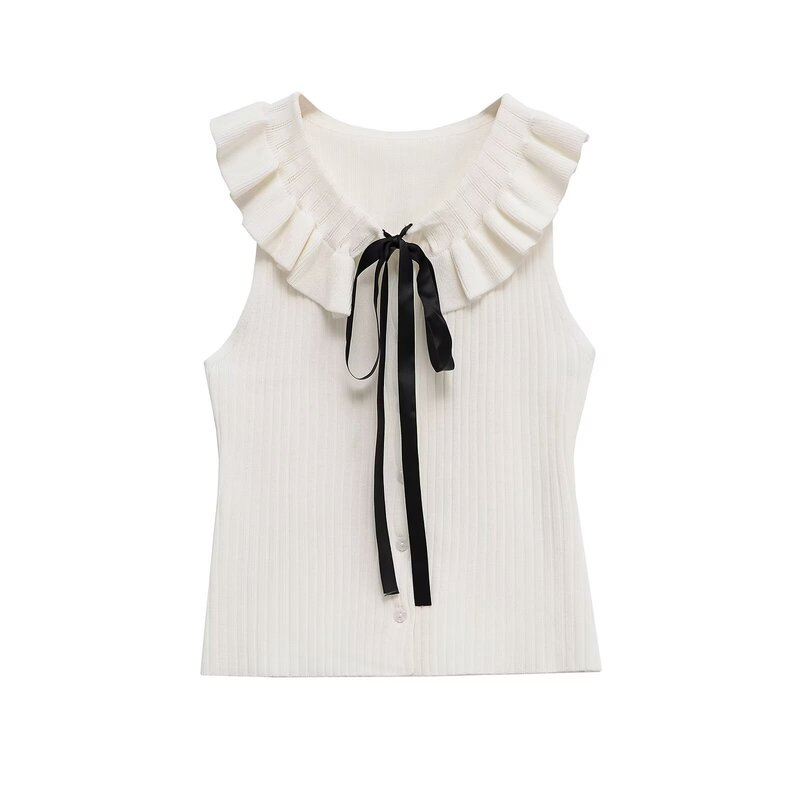 2025 New Summer Style European and American Style Elegant Slimming Look Bow-Knot Tricot Collar Sleeveless Knitted Women's Top