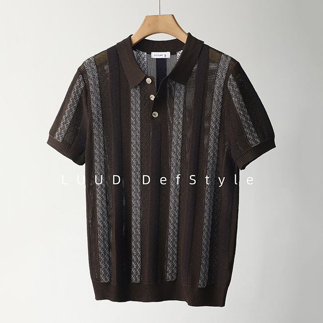 Polo camiseta de punto camiseta de manga corta camiseta de hombre solapa rayas huecas viejos vientos de alto nivel de verano fábrica transfronteriza al por mayor
