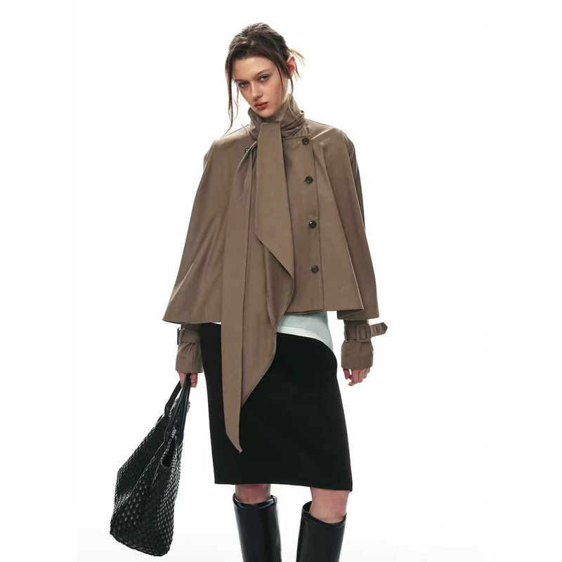 SINGLE MOMENT 26AW French-style casual loose cape-style double-breasted short coat with bow tie for women