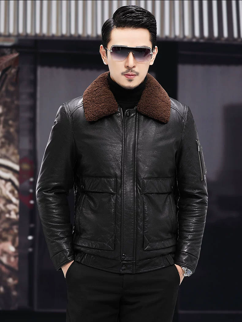 Keep warm leather woolen velvet down jacket, cowhide, goose down