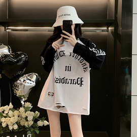 韩系慵懒风长袖T恤衫女装秋季新款2025中长小众百搭宽松大版上衣