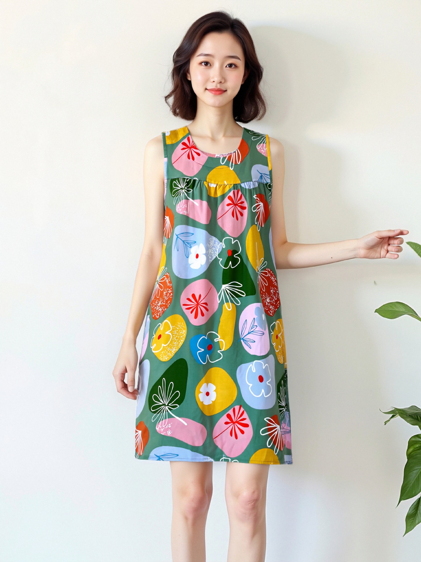 女性用ナイトガウン夏プラスサイズノースリーブコットンシルクミッドレングス人工綿ルーズドレス中高年パジャマホームウェア