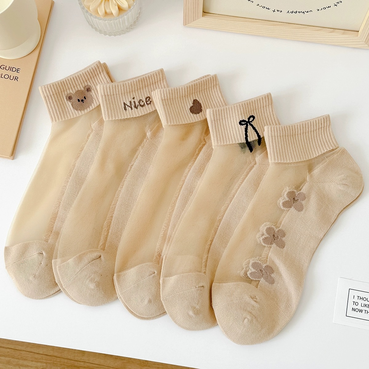 Fleshy Crystal Silk Socks Women's Socks Summer Thin Cotton Bottom Stockings Cartoon Bear Bow All-match Boat Socks for Women