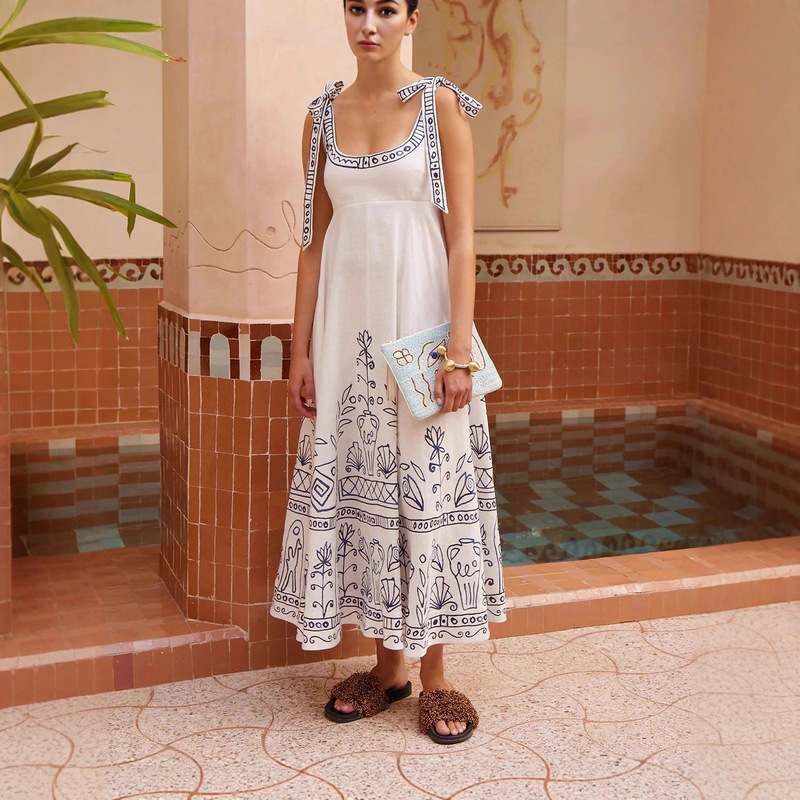 European and American Cross-Border 2025 Amazon Aliexpress Independent Station Casual Fashion Linen Printed Lace-Up Elegant Dress