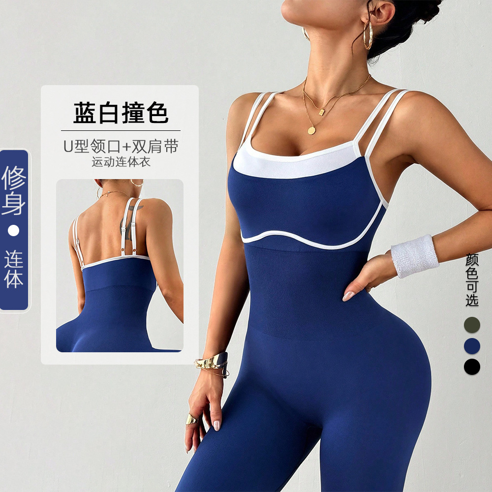 Cross-Border Exclusive European and American Elastic Tight-Fitting Cross-Back Women's Color-Blocking High-Intensity Sports Anti-Exposure Yoga Bodysuit