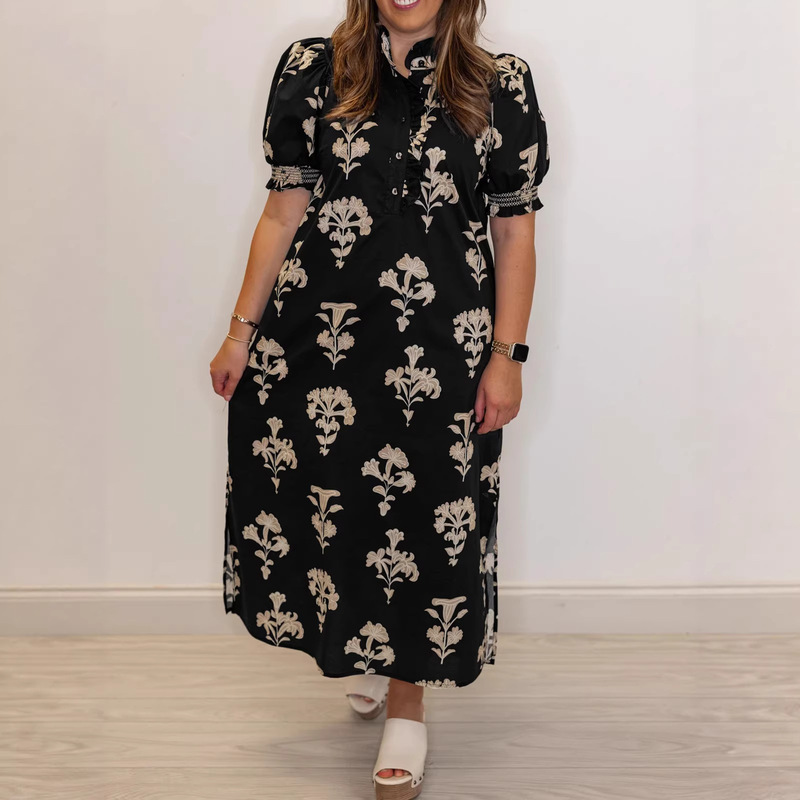 New Cross-Border Short-Sleeved Dress for Women, European and American Style, Ruffled Collar, Loose Fit, Black Floral Pattern, Extended Length Dress for Women