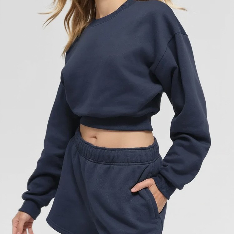 Cross-Border New Style Polyester-Cotton Sweatshirt for Women, Short Round-Neck Spring Thin Fleece Fabric Sports Casual Yoga Top